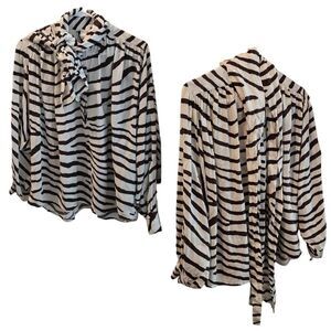 Balloon Long Sleeved Cropped Neck Bow Blouse Size 0 Zebra Print Brown Ivory